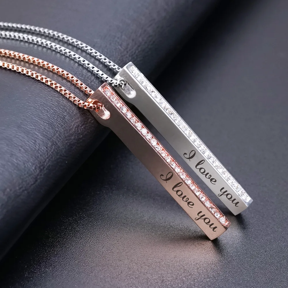 

Four Sides Engraving Personalized Square Bar Custom Name Necklace Pendant Rose Gold Plated Stainless Steel Crystal BHNP076, Silver/rose gold