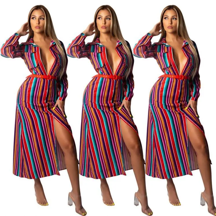 

PEARL Spring Long Sleeve Strip Button Long Women Casual Dress Womens Dresses Clothing 2021