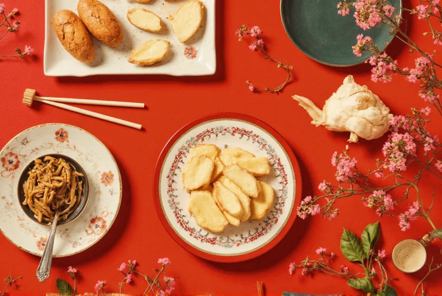 Traditional Chinese New Year display featuring fresh ginger roots arranged with red envelopes and tangerines on a wooden table
