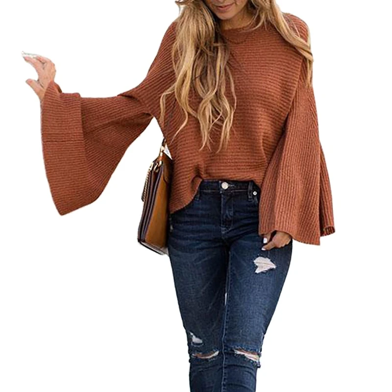 

New design puff sleeve sweater pullover v-neck 2021 solid color cotton sweaters, Customized color