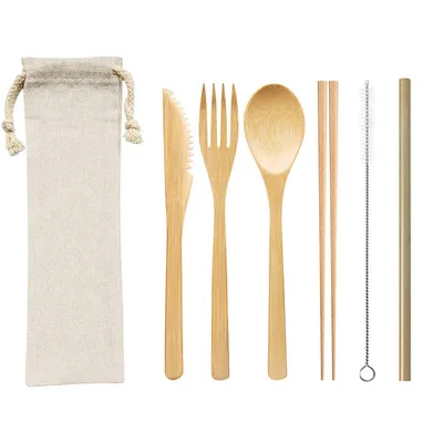 

Bamboo travel cutlery set eco friendly flatware set knife fork spoon camping cutlery set with pouch, Natural