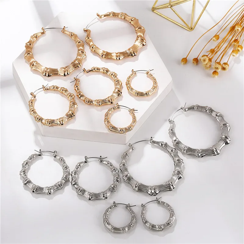 

Big Bamboo Circle Hoop Earrings For Women Hip Hop Large Bamboo Earrings Silver/Gold Color, Gold/silver