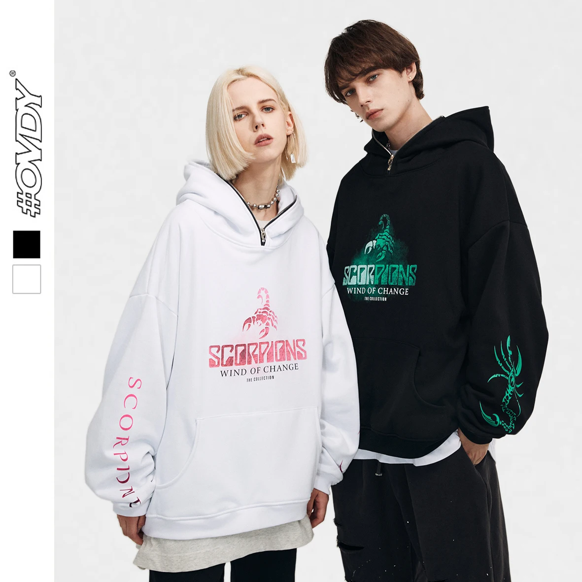 

OVDY High Quality Winter Unisex Black And White Custom Screen Printing Thick Cotton Fleece Pocket Hoodie Heavy GSM With Zipper