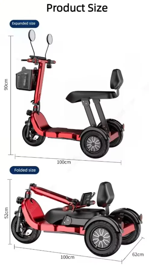 1000W 48V Lithium Battery 3-Speed Parent Child Electric Tricycle Folding 2 Seats Family Elderly Woman 3 Wheels Mobility Scooter