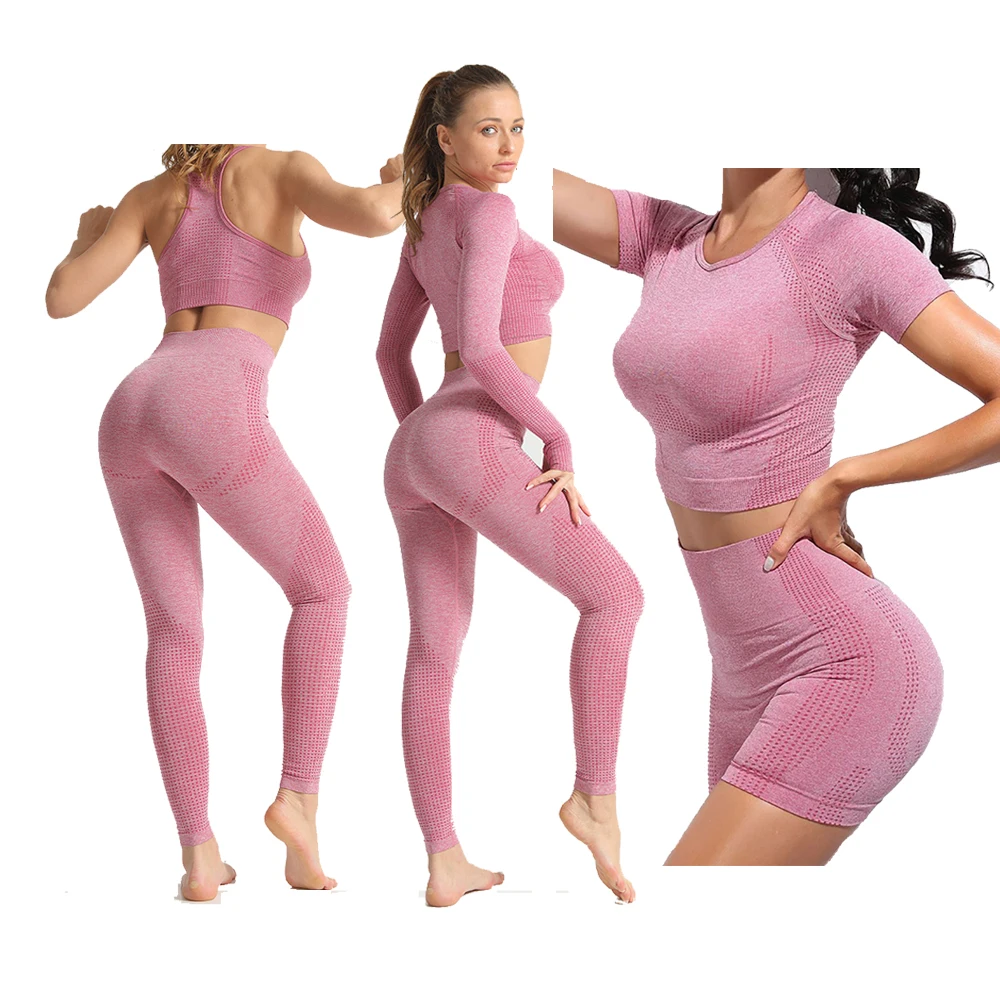 

Wholesale High Quality 5pcs Set Seamless Longsleeve Yoga Crop Top Short Pant Fitness Bra Gym Legging Set, Different color available