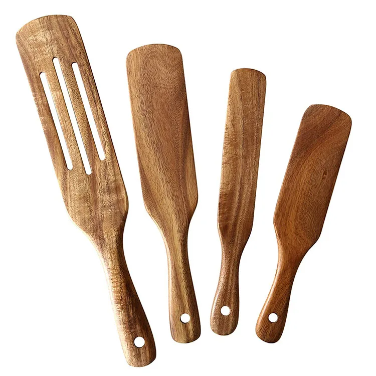 

4 Pcs Slotted Spurtle Spatula Heat Resistant Non Stick kitchen wood utensil cooking set wooden cooking utensils, Customized color