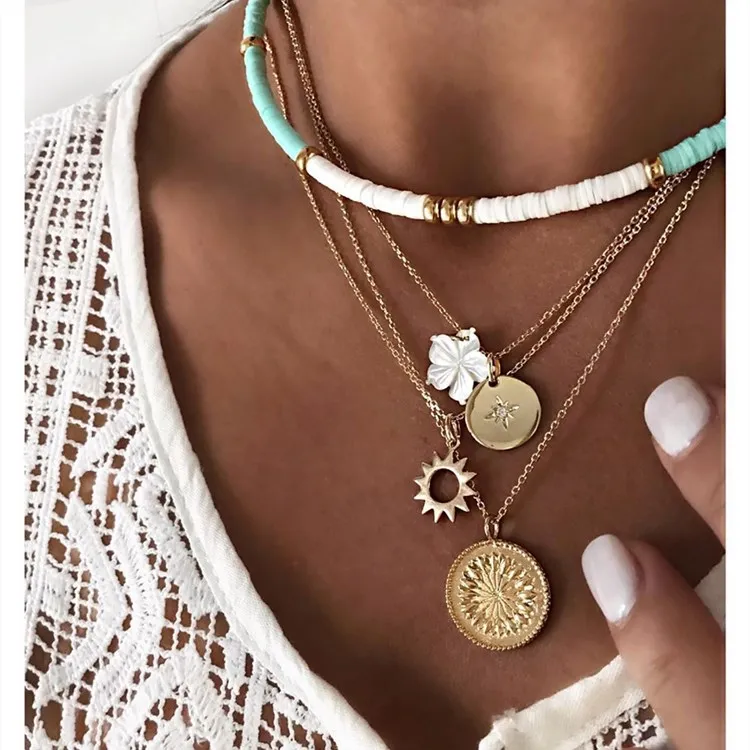 

Retro multi-layer pottery florets necklace coin personality trend sweater chain pendant clavicle chain