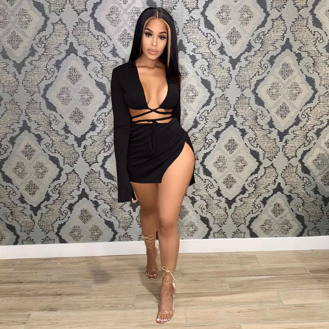 

Multi Color Women Deep V Neck Long Flare Sleeve Bandage Crop Top Split Skirt 2 PCS Skirt Set