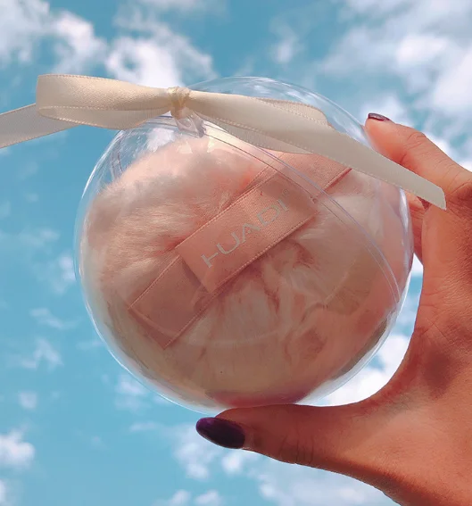 

Free sample Plush highlight ball shiny long hair ribbon powder puff dry makeup round puff in stock