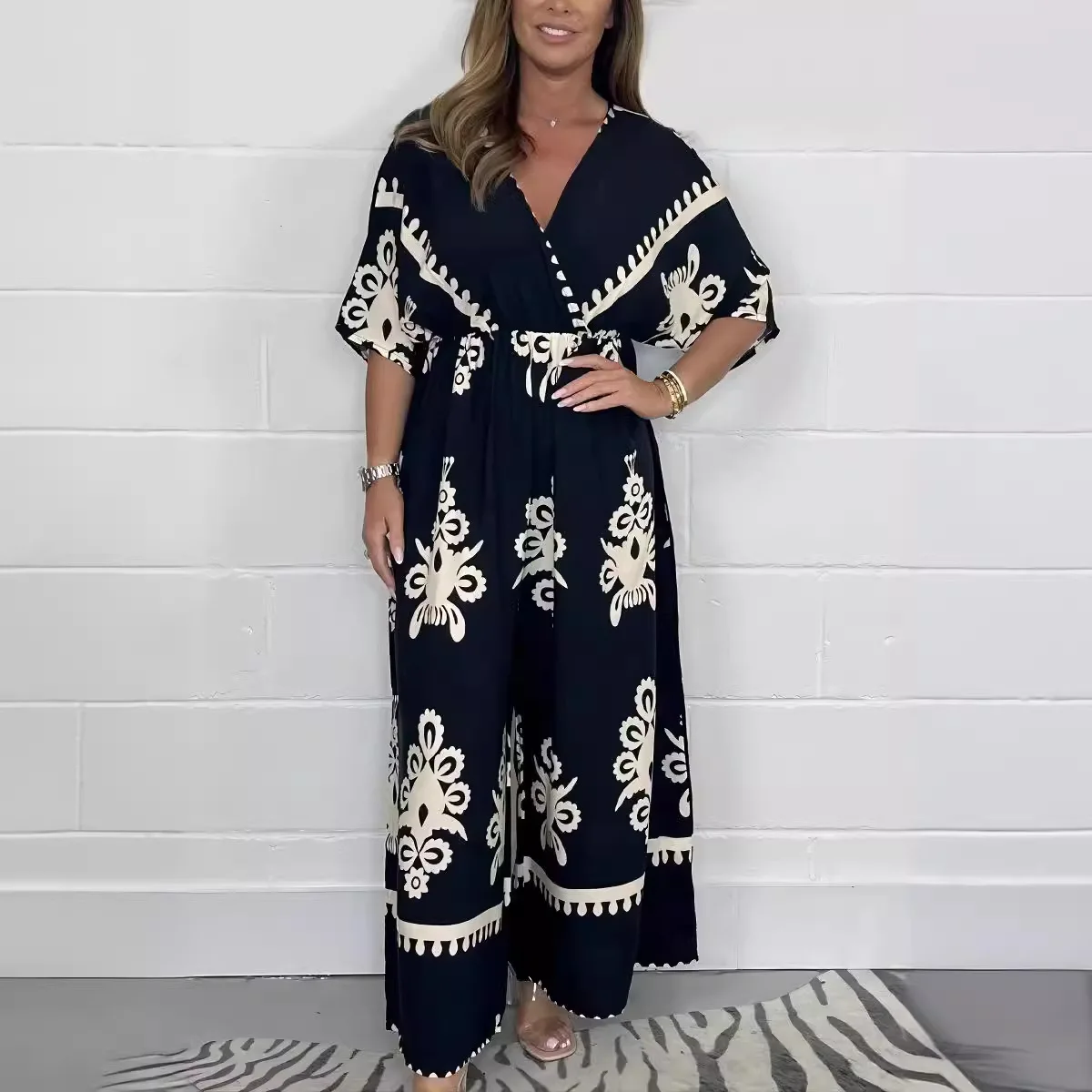 Boutique Wholesale 2026 Summer New Fashion Casual Printing Women's V-neck Short Sleeve Loose Women's Jumpsuit