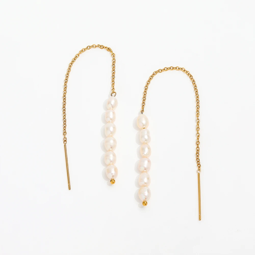 

New Trendy Earring 18K Gold Plated Pearl Chain Tassel Drop Earrings for Women Stainless Steel Wholesale Piercing Jewelry