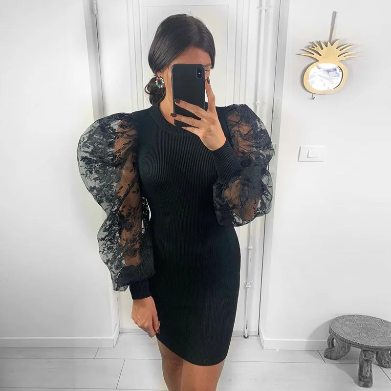 

2020 new arrivals spring collection turtleneck bubble lace long sleeves knitted women casual dresses