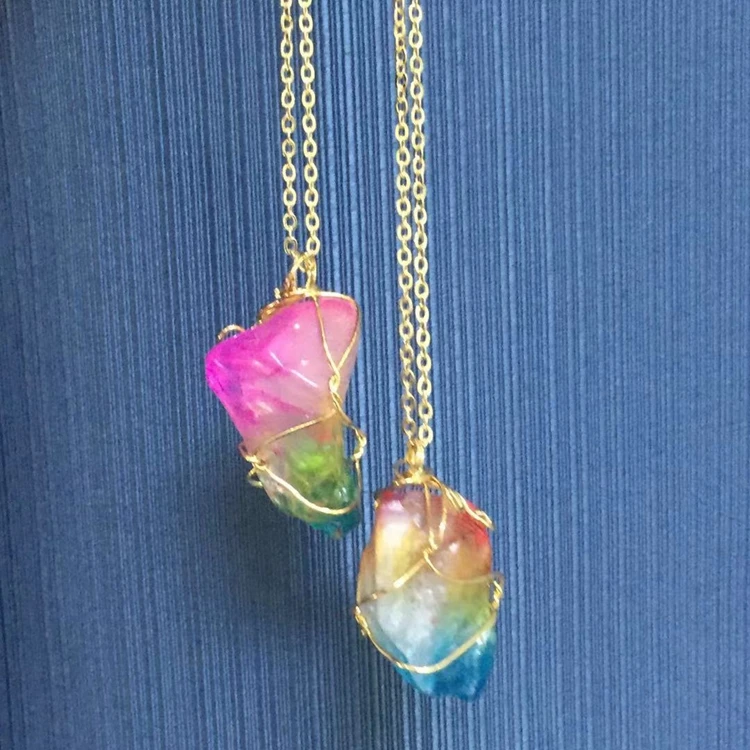 

Rainbow Natural Stone Pendant Necklace Fashion Crystal Rock Necklace Gold Color Chain Rose Quartz Long Necklace For Women Gift