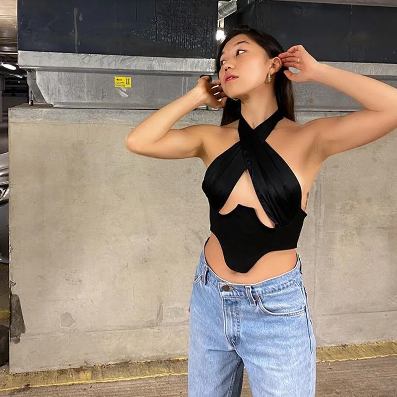 

Women's Spring New Hanging Neck Hollow-out Crop Top Patchwork Strapless T-shirt Woman, Black,white