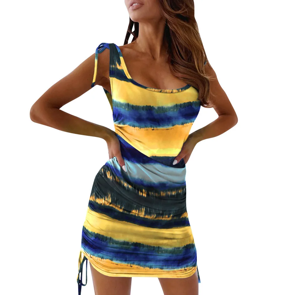 

new fashion 2021 striped casual sleeveless dresses tie dye print deep neck sexy summer stacked bandage dress