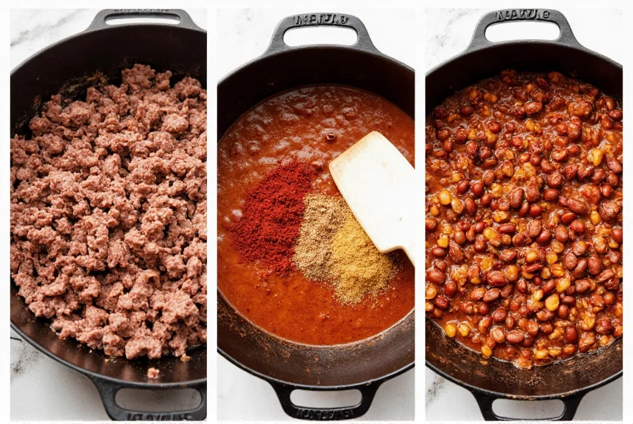 Step-by-step preparation of authentic chili bowl with ground beef, kidney beans, and traditional spices in cast iron pot