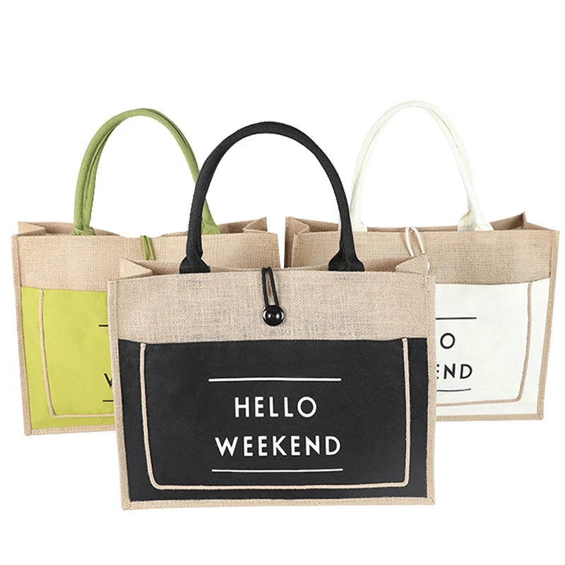 

2021 HELLO WEEKEND Printed Custom Jute Tote Bags with Canvas Front Pocket Reusable Natural Burlap Bags for Gifts Shopping bag, White black green