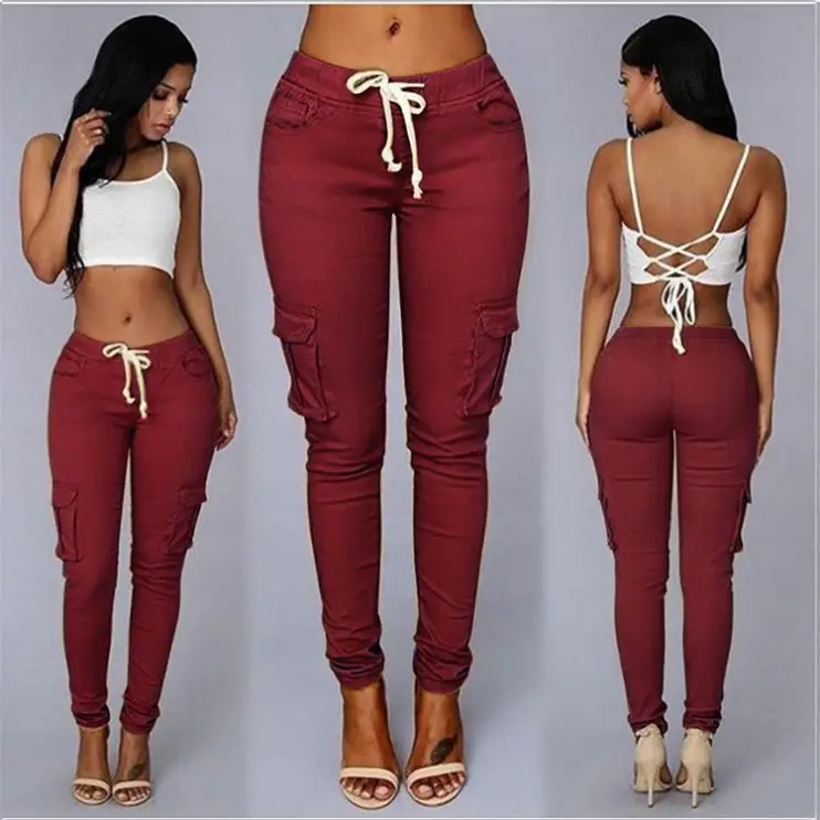 

Durable casual elastic waist women pants rope-belted cargo pants