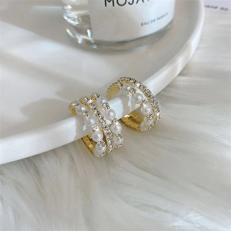 

Korea Design Rhinestone Diamond Open Crystal Pearl Ring Three Layers Ring, Picture