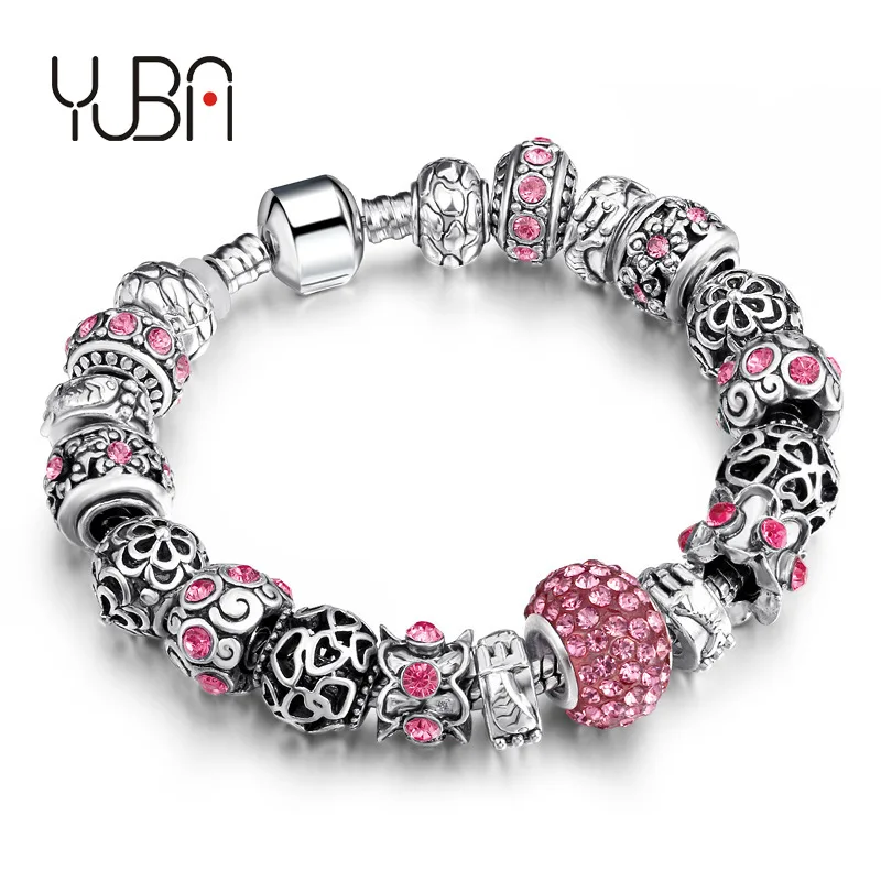 

Pink Crystal Rhinestone Large Hole Beads Flower Charm Bracelet New Arrival Silver Austrian Crystal Rhinestone Charm Bracelet