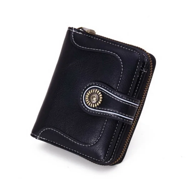 

Wholesale Vintage Black Unisex Leather Credit Card Holder Women Case Purse Short Wallet with Zipper Pocket, Custom patterns