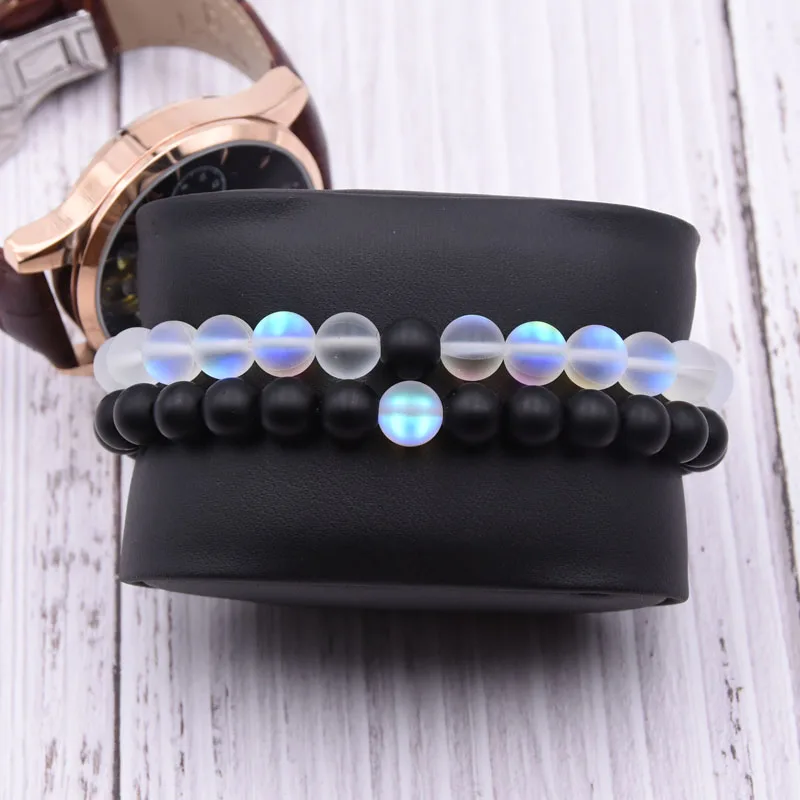 

2020 New Fashion Glitter Matte Moon Stone AB Crystal Bracelet Matte Onyx Stone Stretch Beaded Bracelet Set Men Women