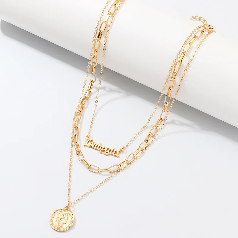 gold old english letters BABYGIRL necklace vintage statue coin layered thick chain baby girl necklace