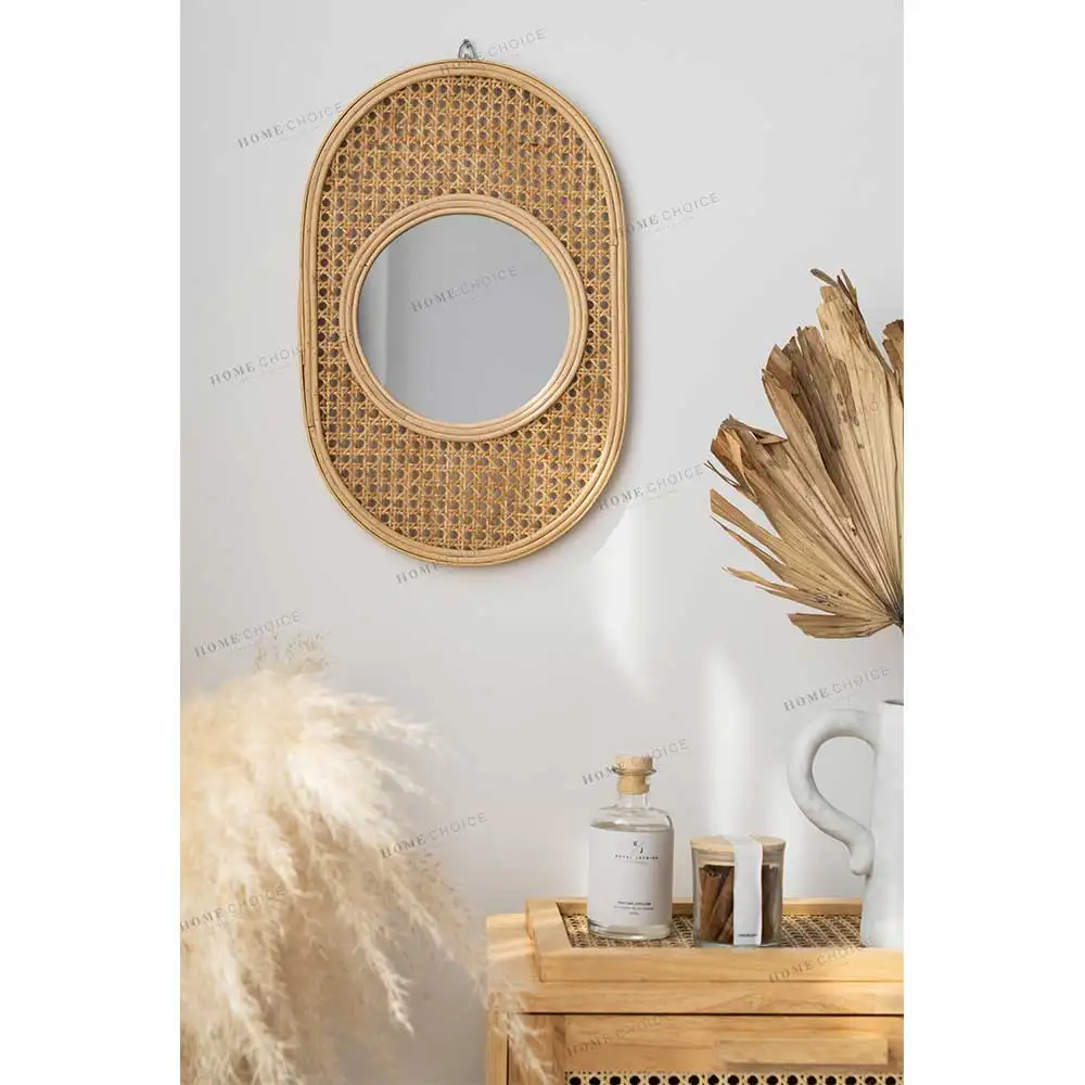 Rattan Wooden Mirror Retro Cane Sunburst Eye Vintage Style Wall Hanging Mirror 