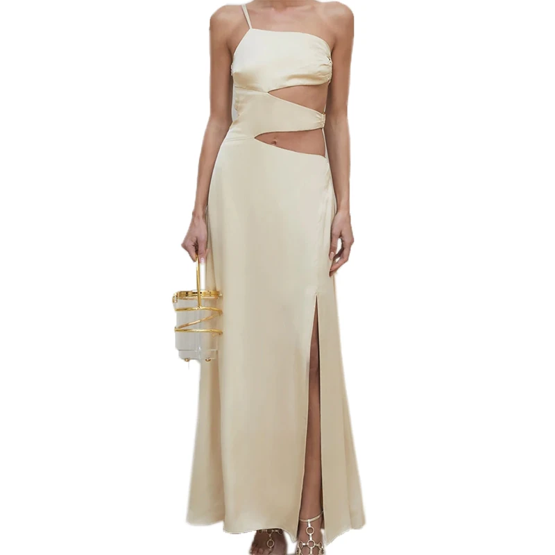 

Women Sexy Beach Single Shoulder Cut-out Asymmetric Skirt Long Split Backless Summer Long Dresses