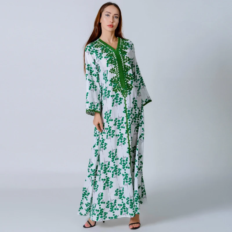Handmade Embroidery Arabic Dress For Women Cotton Rayon Floral V Neck ...
