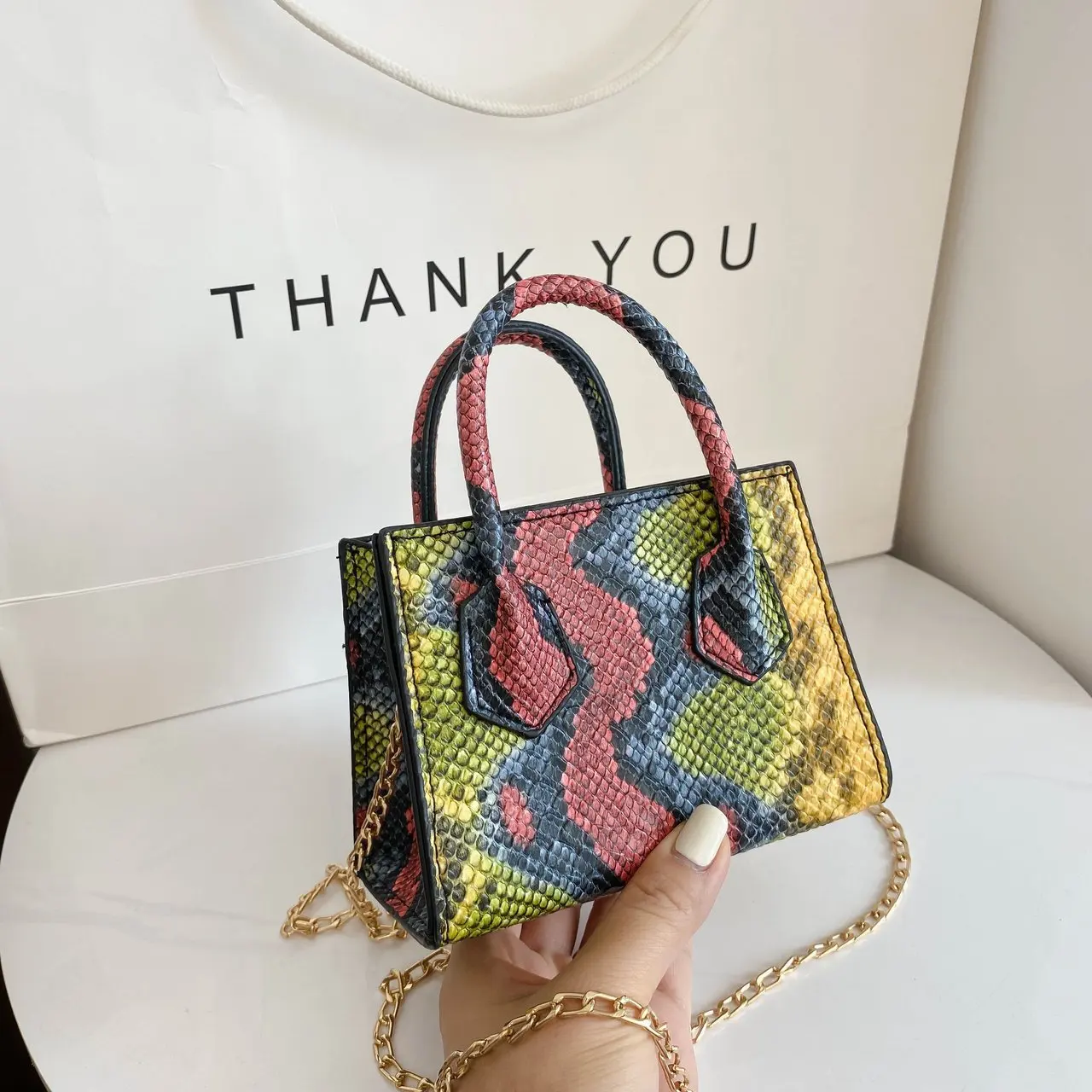 

Women's bags 2020 summer new European and American wild fashion chain small square bag snake print one-shoulder handbag, Customizable