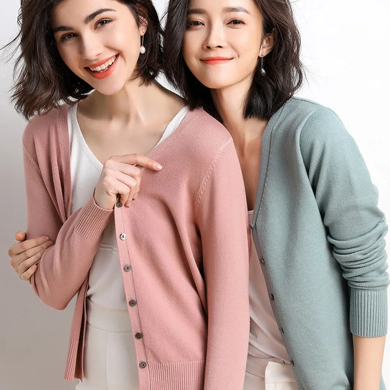 

2021 Solid Color V-neck Sweater Cardigan For Women Knit Womens Knit Sweaters, 12 color