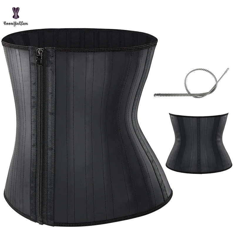 Front Zipper Women Waist Shaper Plus Size Black Firm Control Slim 'n Lift Latex Sashes Flat Belly Slimming Sheath 25 Steel Bones