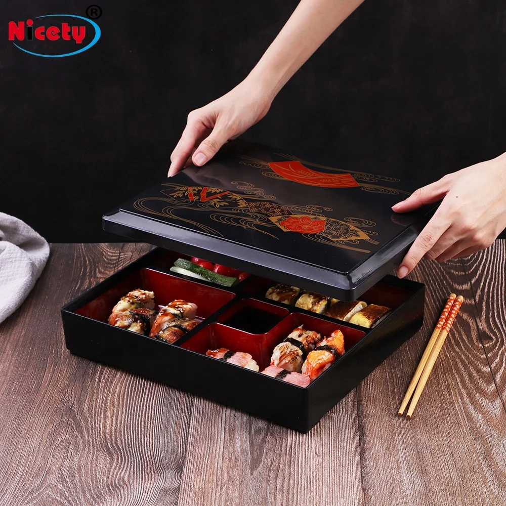 

Japanese Lunch Bento Box 5 Compartments Traditional Plastic Lacquered for Restaurant or Home Japanese Snack Box With Pattern Lid, Red+black