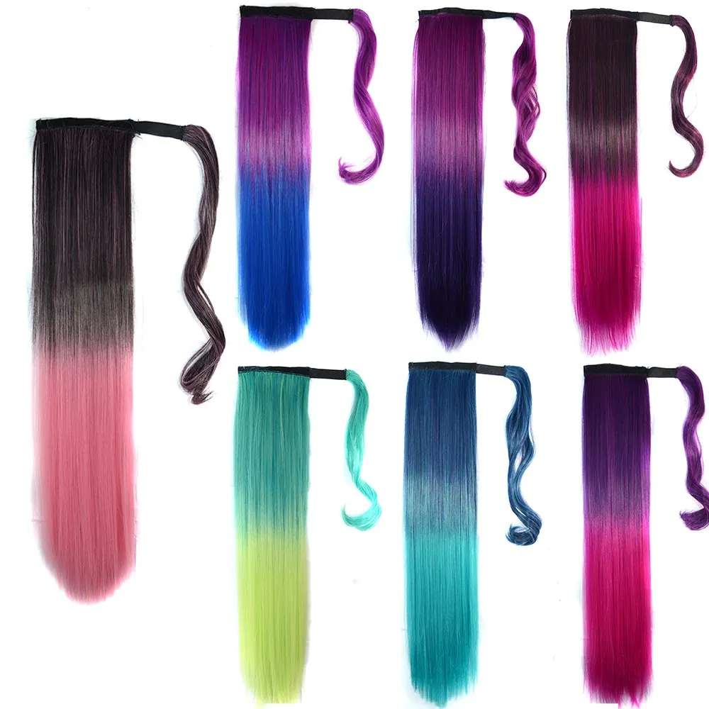 

Wholesale Black Ombre Long Silky Straight Wave Wavy Heat Resistant Synthetic Wrap Around Hair Ponytails Extension For Women Girl