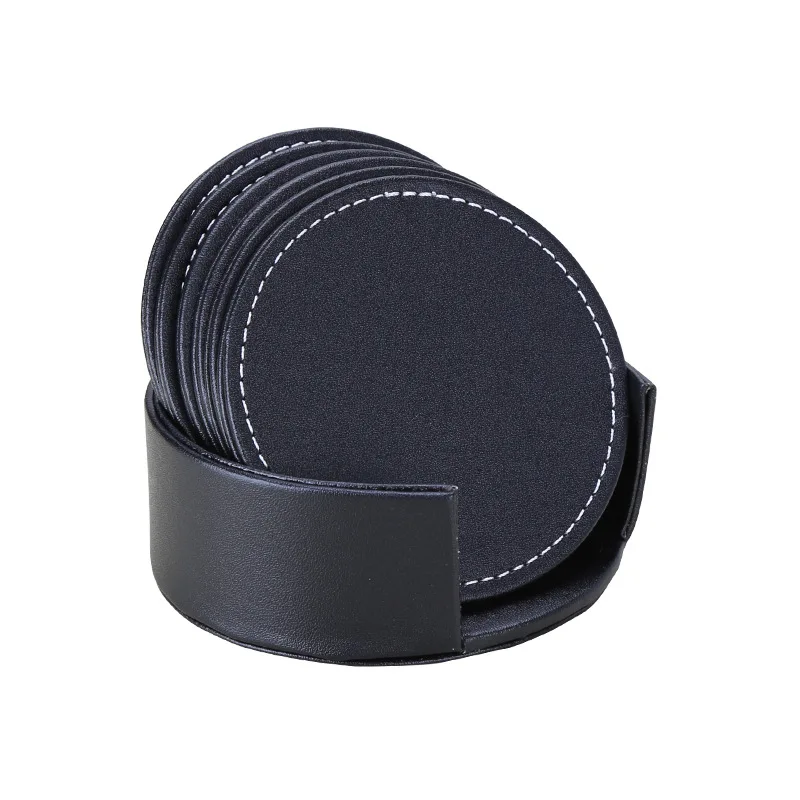 

Fast delivery in stock PU leather 6 pieces round coasters set with holder for drink