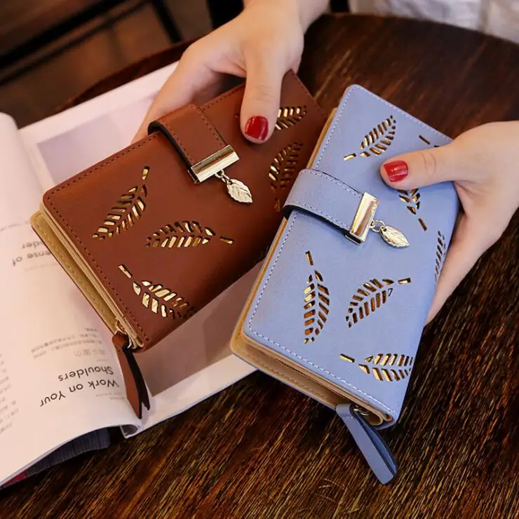 

Hollow Out Leaf Pattern Ladies Purse with Mobile Phone Holder Zip Around Wallets Women Trifold Wallet Woman Fashion, 5 colors