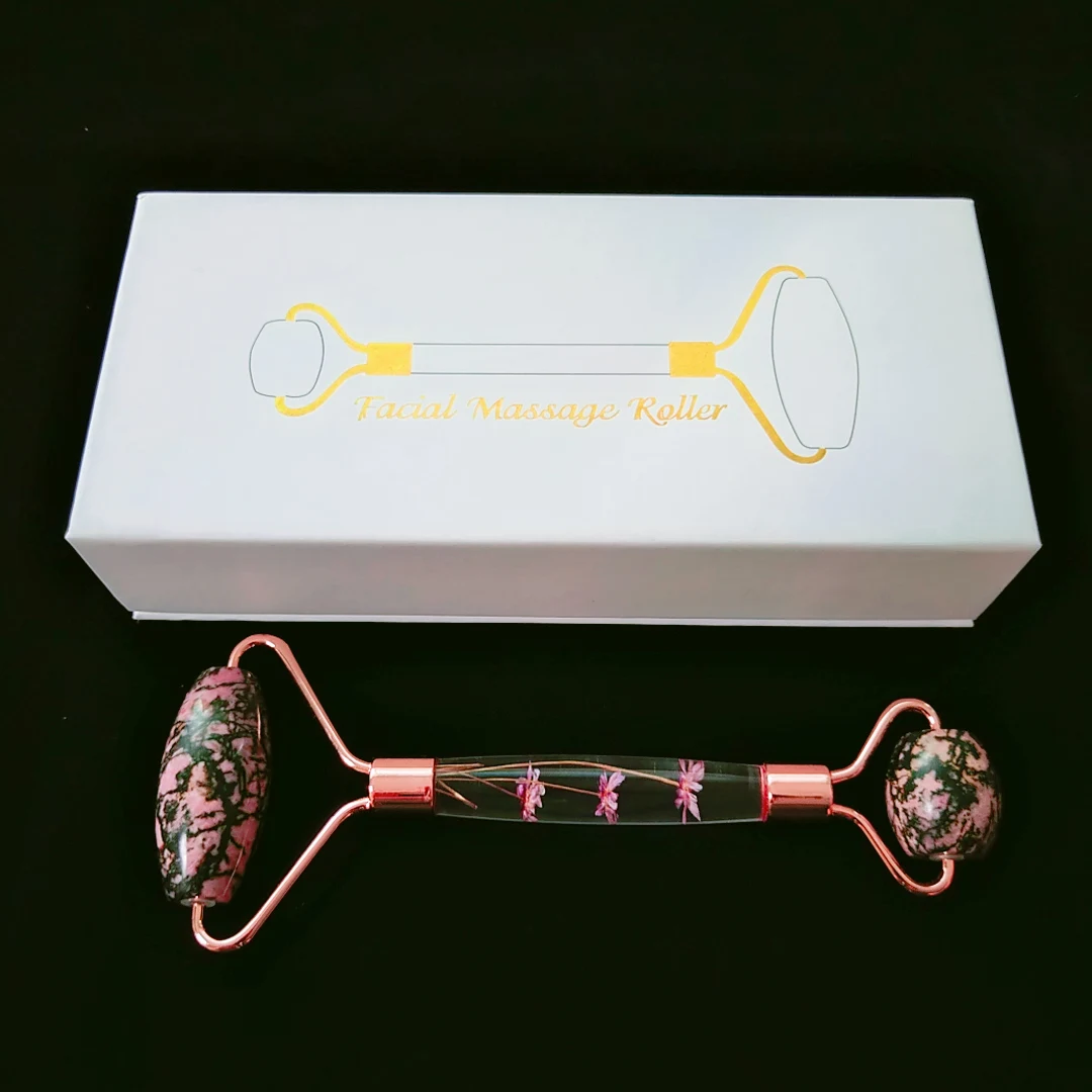 

Rhodonite stone gift flower handle face roller facial sliming roller high quality with box