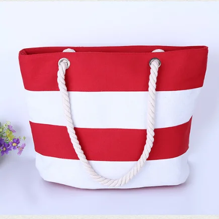 

Yiwu factory reusable Large rope handle striped custom printed canvas beach bag