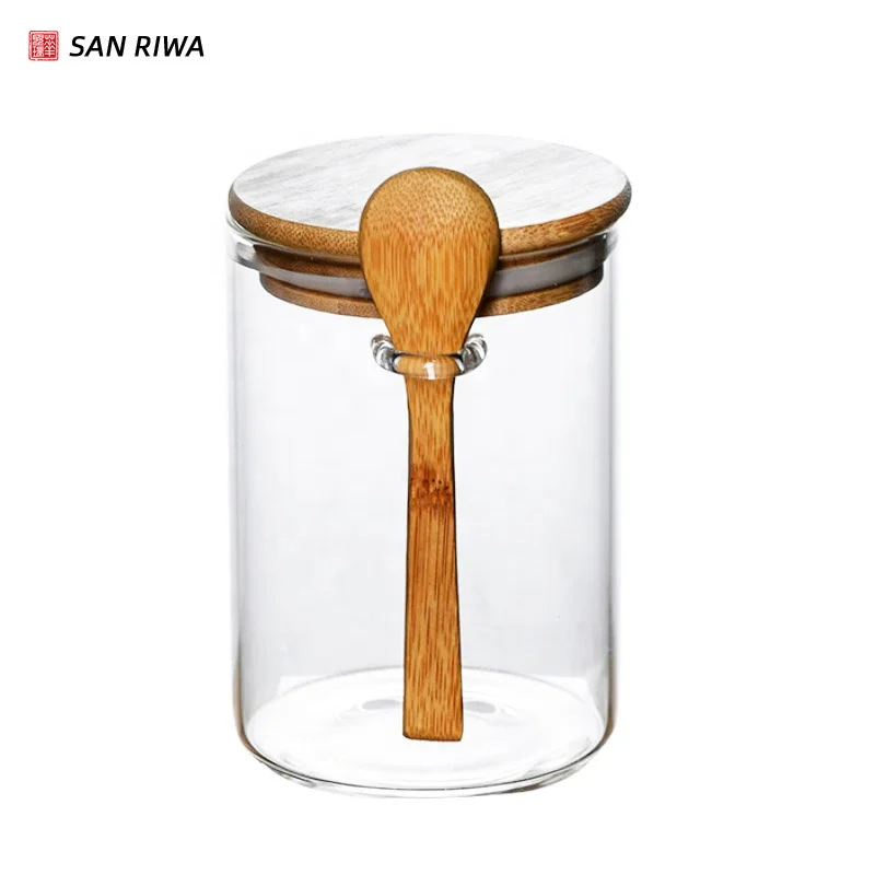 

Eco-Friendly Feature borosilicate glass food spice jar clear glass storage jar with bamboo spoon and press lid, Clear glass jar