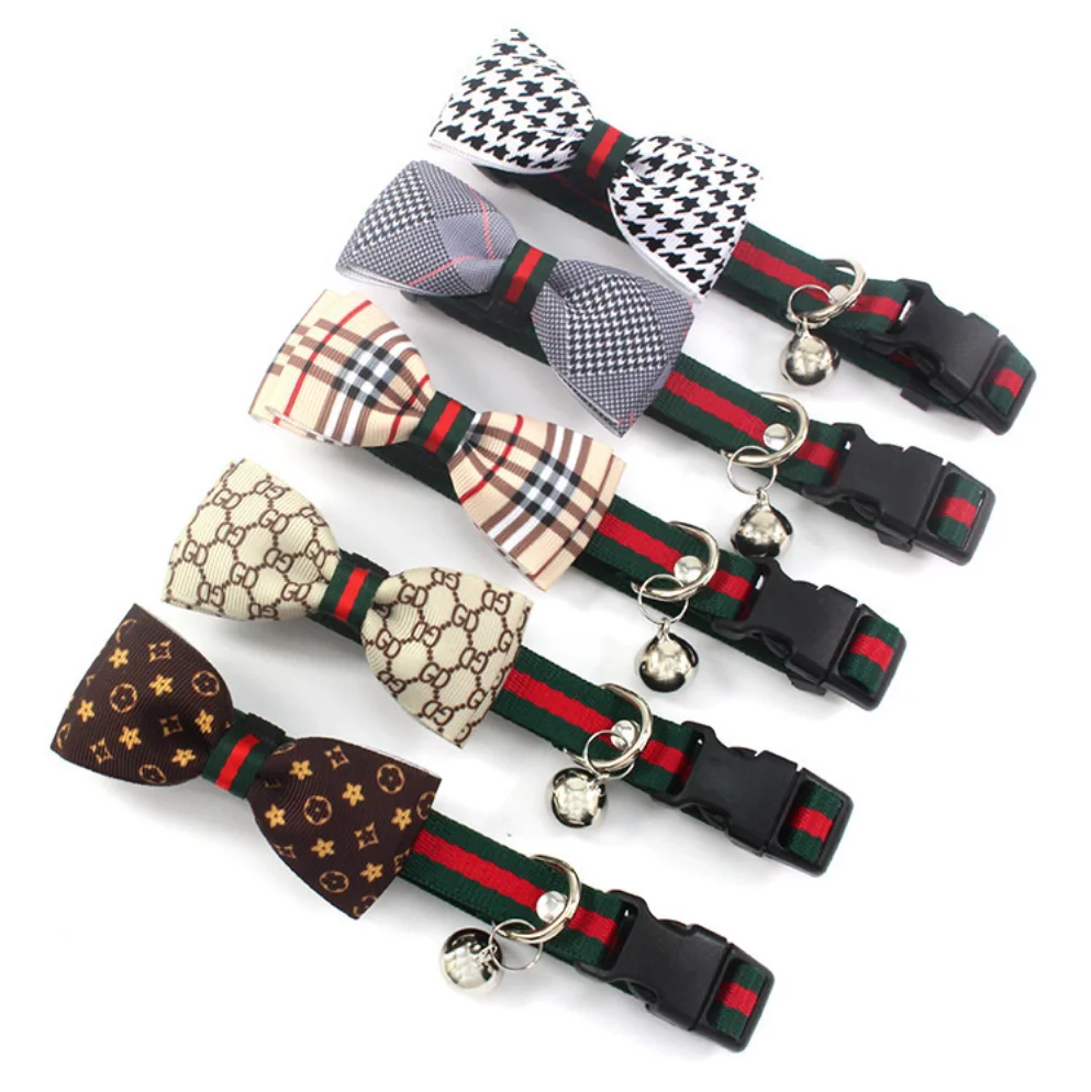 

Classic luxury famous brand fashion design printed cat bow tie dog pet collar with bell
