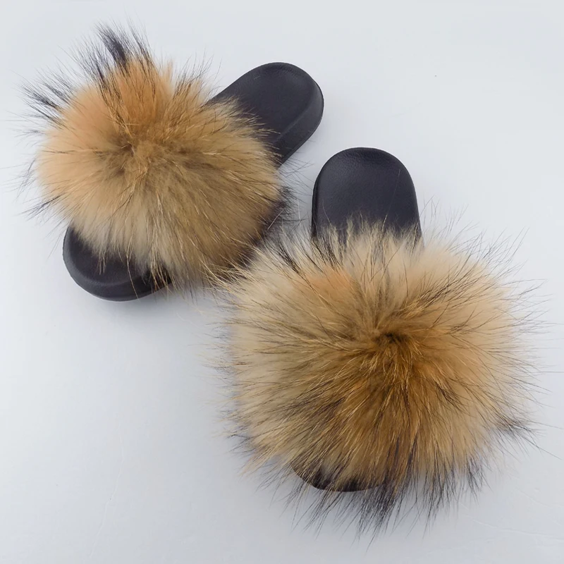 

Wholesale fashion lady fluffy slippers raccoon fur slides sandals, Red,blue ,green ,orange ,brown