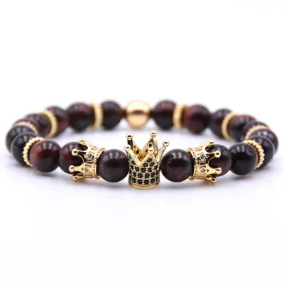 

High Quality 8mm Natural Lava Stone Beads CZ Crown Bracelet Micro Paved Zircon Crown Red Tiger Eye Bracelet