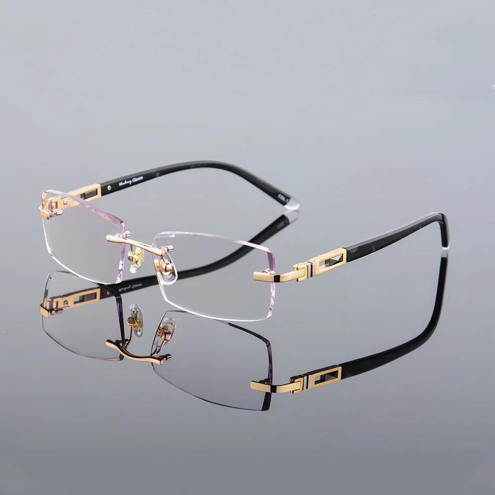 Optical Alloy Diamond Trimming Cutting Rimless Glasses Frame With Gradient Grey Tint Plano Prescription Lenses
