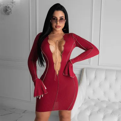 

F41134A 2021 fashionable sexy New sexy V-neck pure color flared long sleeves club dress women casual dresses, As picture