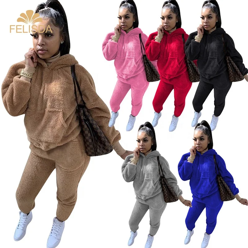 

2020 Fall Winter Thick Warm Fleece Tracksuits Women Long Sleeve Hoodies Sweatshirts Jogging Suit Two Piece Pants Set