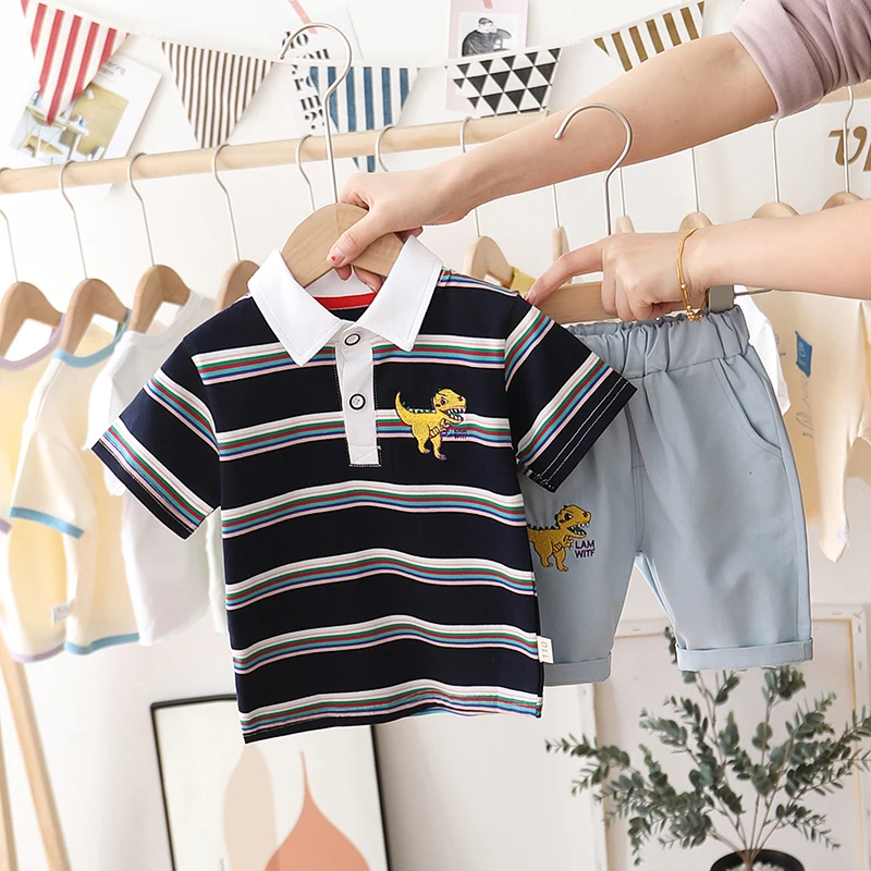 

Hot style boys Polo shirt printed pattern + denim shorts fashion casual boys summer Clothes little dinosaur, Picture shows