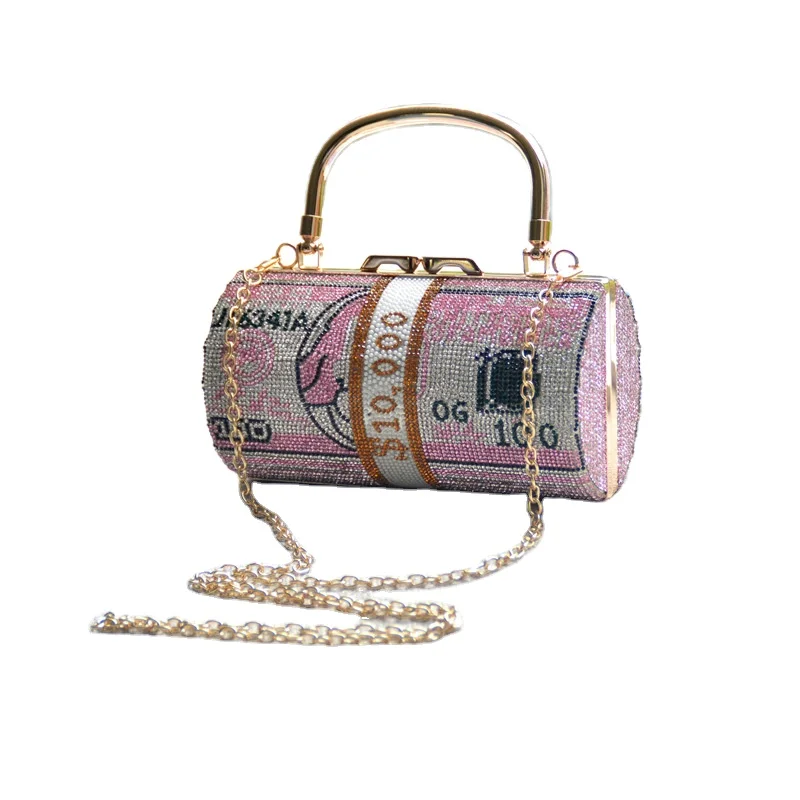 

New style USD dollars design cylinder hand bags ladies luxury rhinestone bling glitter women hand bags, Mix colors