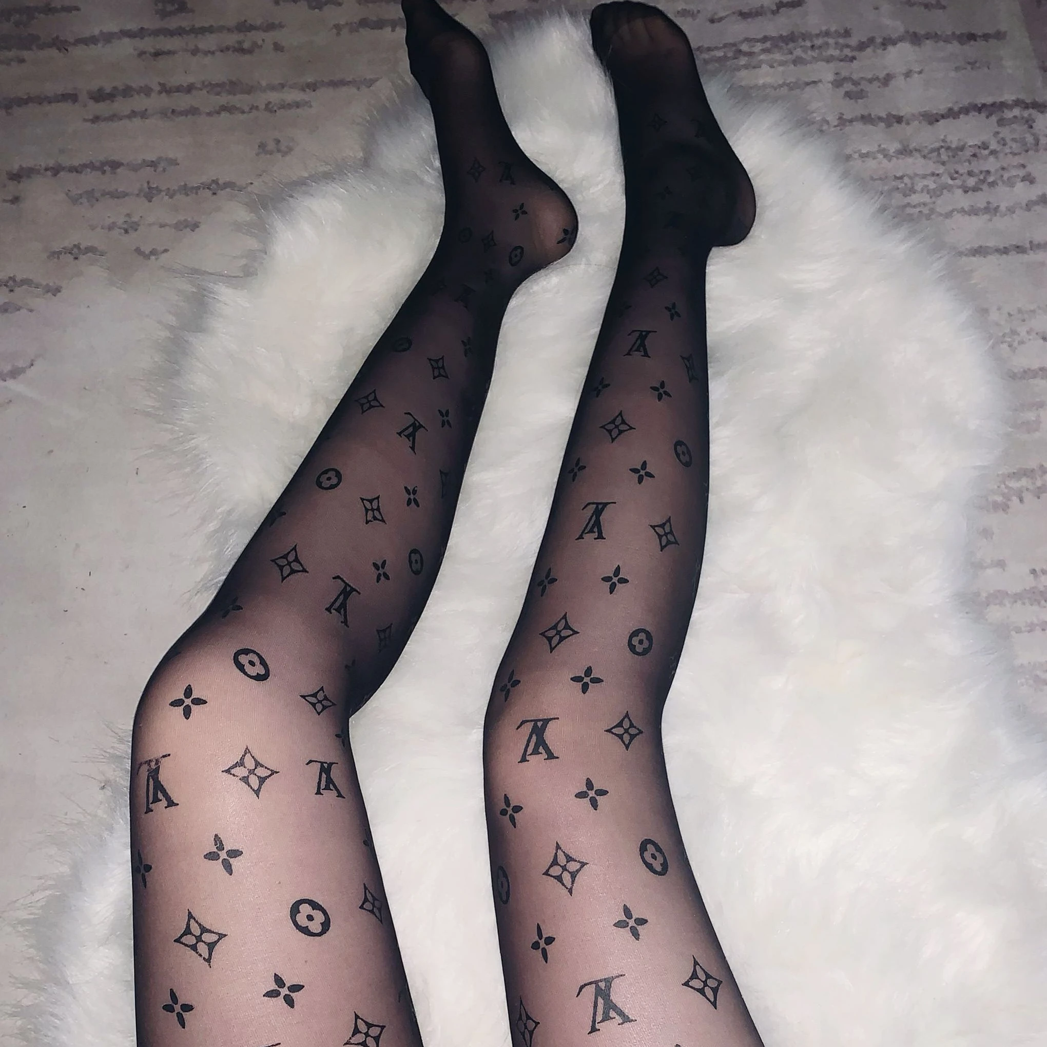 

brand logo letter print diamond rhinestone shinning tattoo print letter silk pantyhose, Black