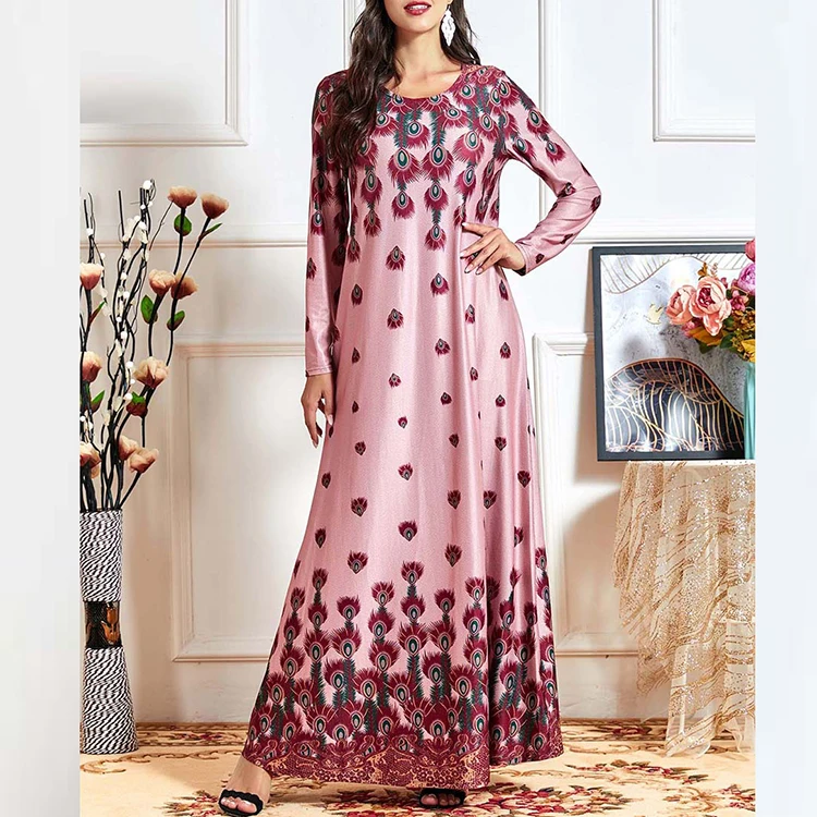 

Pink floral printed long sleeve elegant long plus size dress